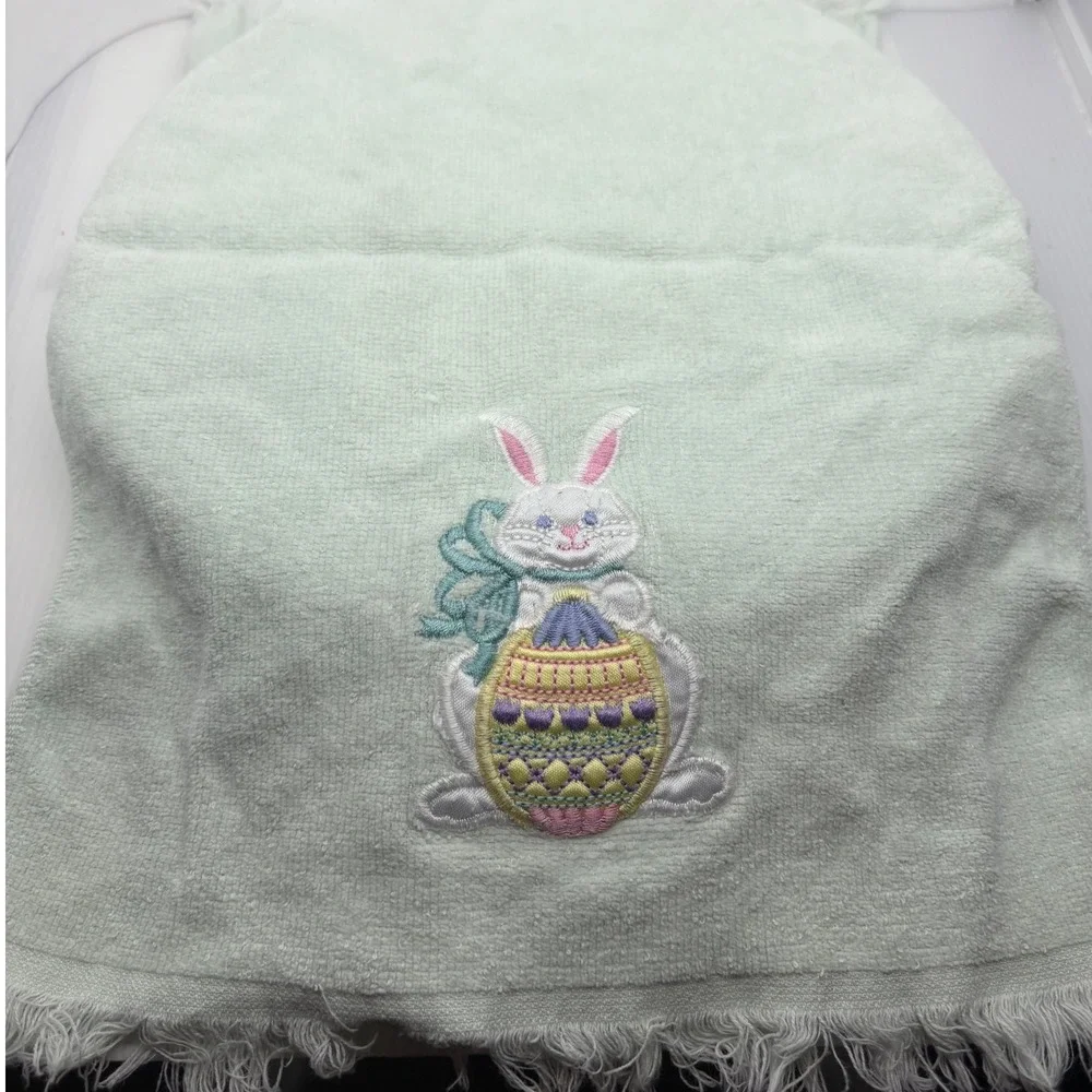 Vtg Easter Bunny Embroidered Hand Towel Light Mint Green Fringed Spring Decor